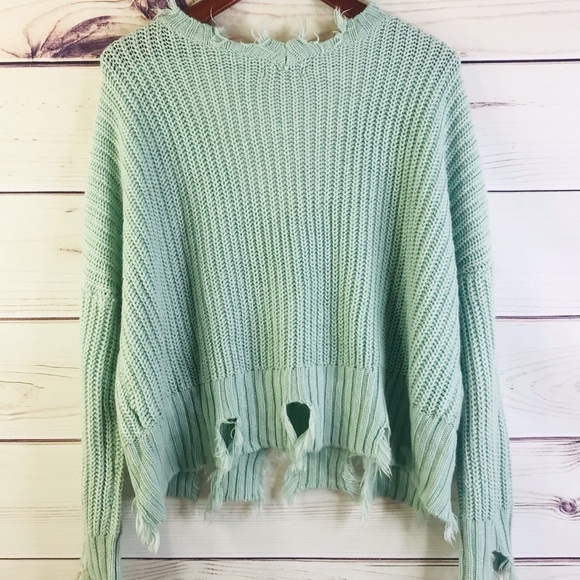 Wonderly Sage Mint Raw Distressed Sweater - Picture 2 of 6